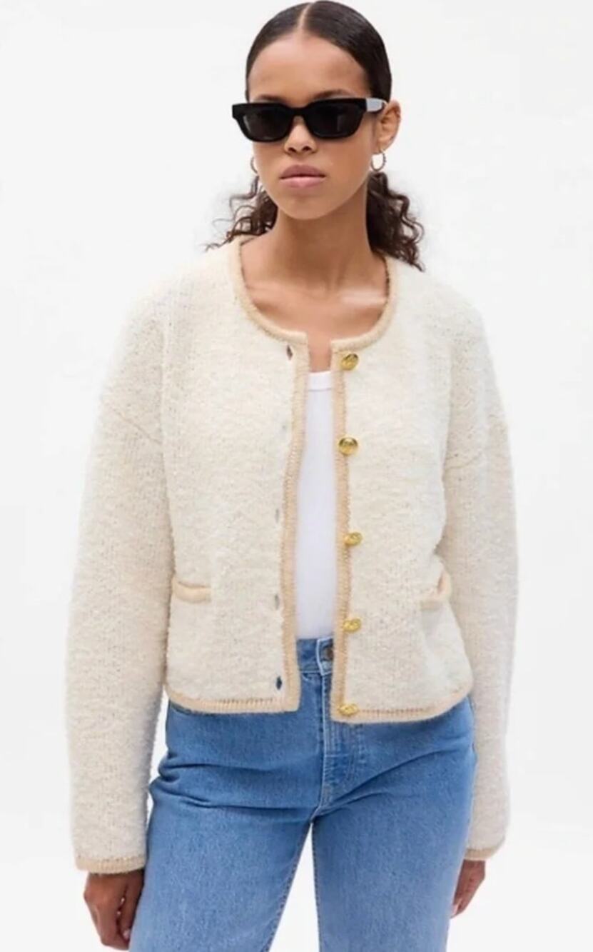 Gap Sweater Women Small Boucle Cardigan Beige Knit Crop Office Collage Preppy